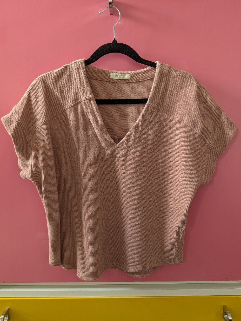 Madewell Dusty Pink Ribbed Boxy V-Neck Tee Cap Sleeve Top Size Small